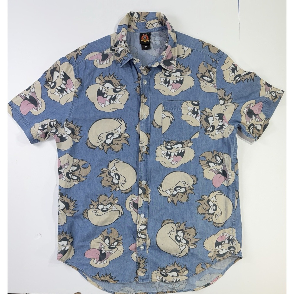Taz Printed Men's Short Sleeve Button-Down Shirt - Blue